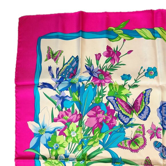 MCM -ONLY ONE- Hot Pink & Blue Floral Butterfly Print 34" 100% Silk Scarf VGUC - Picture 5 of 11
